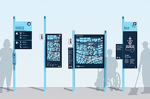 Ahmet Mehadzic–Ein Leitsystem für Pforzheim. Verschiedene Beispiele von Orientierungs-Stelen im Bezug zu verschiedenen Personen.