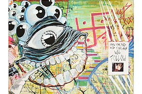 Abstraktes Gemälde. Eine Anhäufung von Augen mit einem Mund sticht heraus