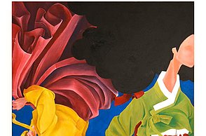 Bild einer Frau in einem grünen Oberteil und roten Rock. Hinter ihr eine weitere Person die Kopfüber steht. Man kann von beiden die Gesichter nicht erkennen.