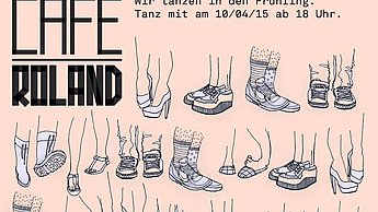 Cafe Roland Werbung. Es sind viele Beine mit Schuhe zusehen