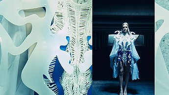 drei Bilder: Abschlusskollektion "deːʊs ɛks ˈmaxina" von Rebecca Madlene Wiedmann, 2023, Fotograf: Tim Kreisel