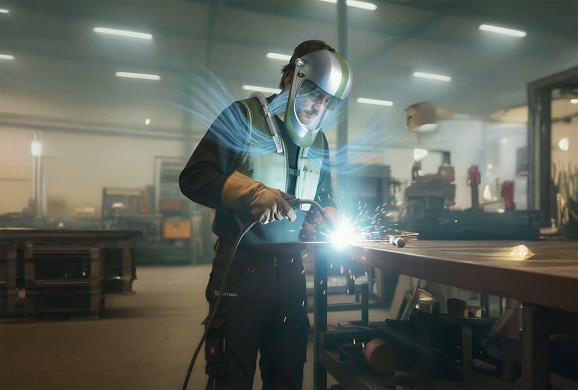 Dargestellt wird eine männliche Person mit der entworfener Schweiß-Maske