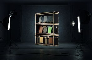 Abgebildet ist das entworfenen Regalsystem für die Material-Sammlung als dreifach gestapeltes System