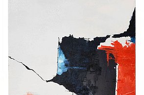 Minimalistisches Gemälde mit rechteckigen Formen in den Farben rot und schwarz auf weißem Hintergrund.