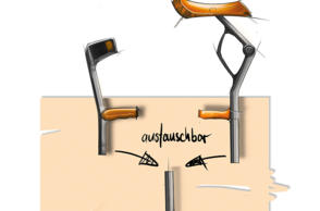 Dargestellt ist eine Skizze des Modularen Krückensystems.