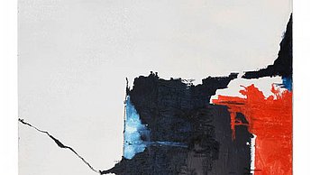 Minimalistisches Gemälde mit rechteckigen Formen in den Farben rot und schwarz auf weißem Hintergrund.