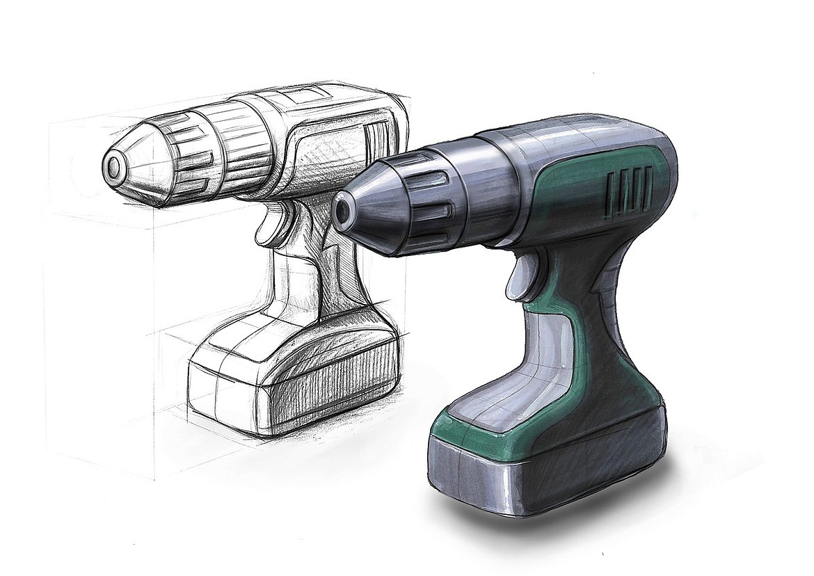 Image of student work: Design drawing of a cordless screwdriver by Olivia Mai