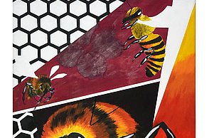 Abstraktes Gemälde mit dem Motiv der Biene und Waben 