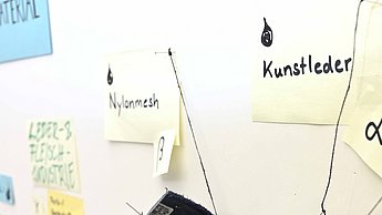 Aufgeklebte Zettel mit Fäden verbunden