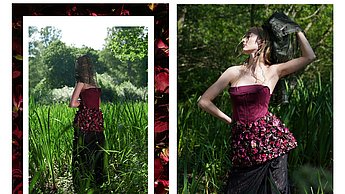 drei Bilder: Abschlusskollektion "Ophelia" von Delara Vafi, 2023, Fotografin: Dario Merten