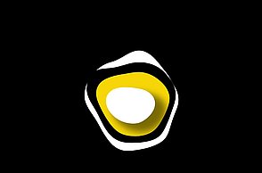 Schwarzes Bild mit gelben und weißen Formen in der Mitte.