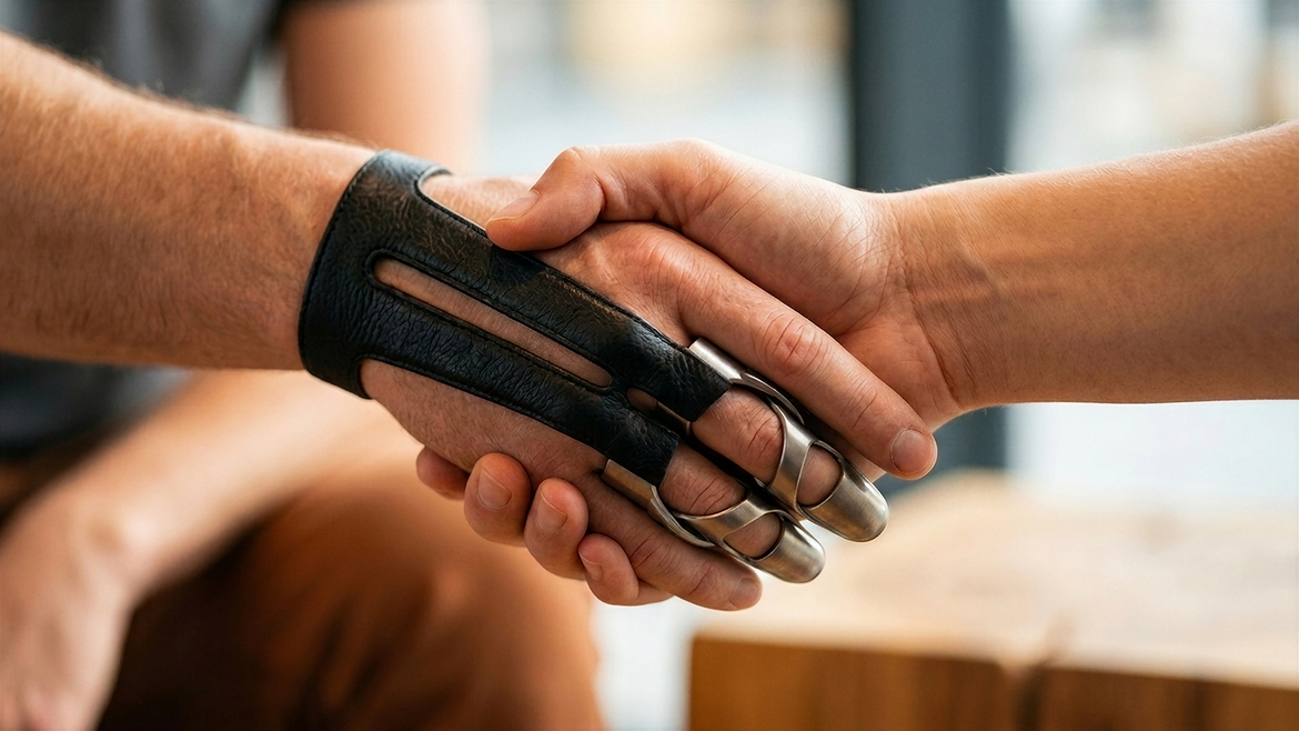 Abgebildet wird eine Hand mit der entworfenen Prothese welche eine andere Hand greift