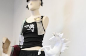 Foto einer Brille, einer Pferdeskulptur und eines Kostüms