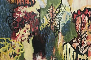 Abstraktes Gemälde auf dem eine Naturlandschaft zu erkennen ist