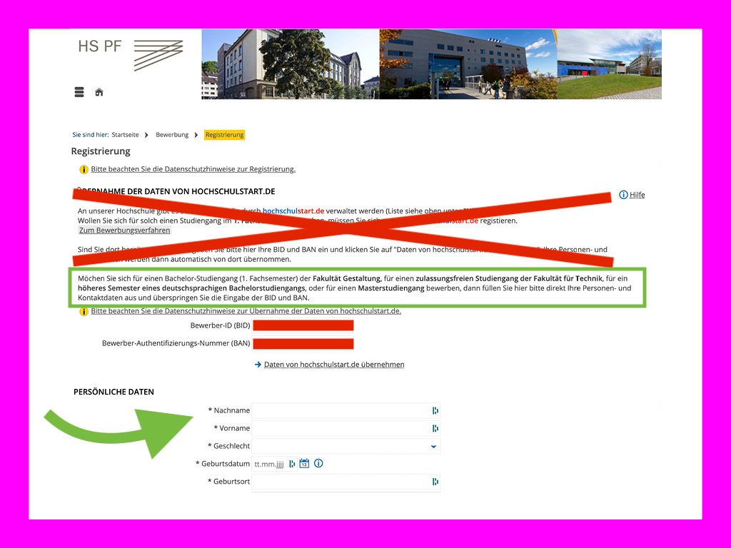 Screenshot of Pforzheim University Application Portal