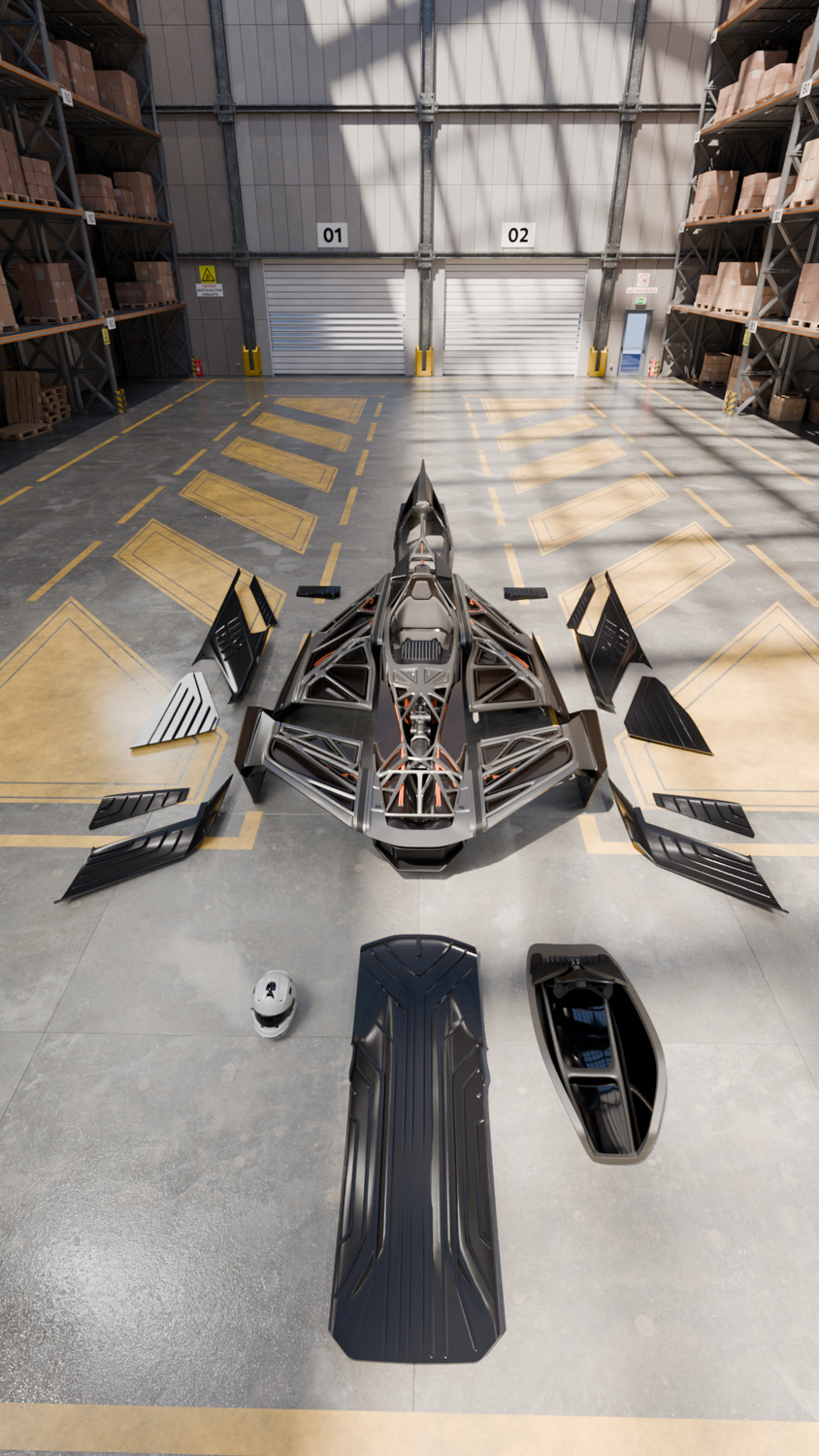 Dargestellt wird der Entwurf des Ground Effect Vehicles von Leon Wehr in seinen Einzelteilen.