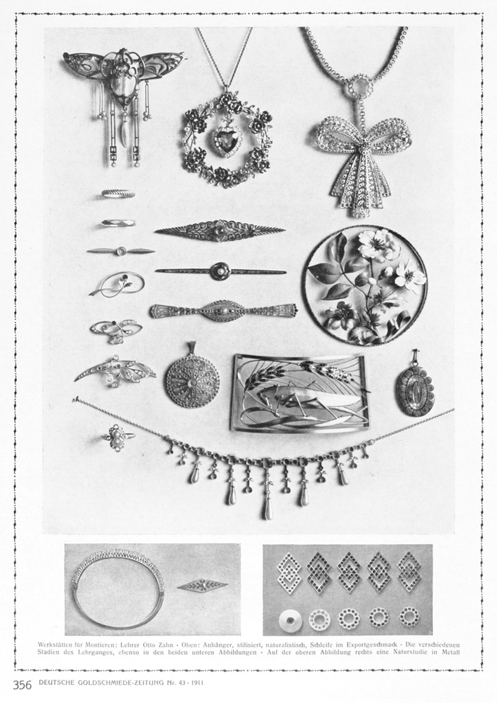 Ausschnitt Deutsche Goldschmiede-Zeitung, der die Käferbrosche neben weiteren Schmuckstücken zeigt.